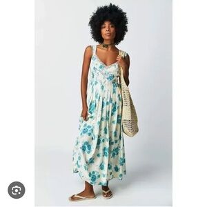 Free People Lovers Heart Printed Lace Inset Pleated Midi Dress